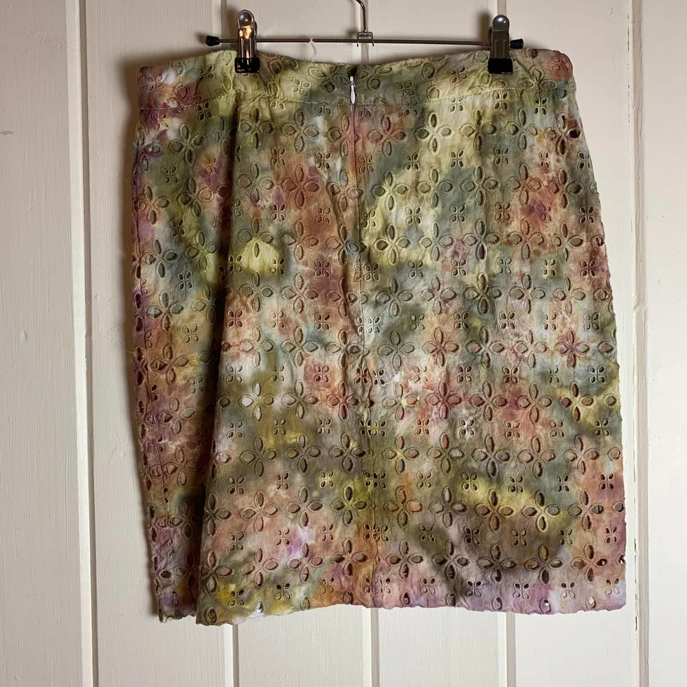 Handmade Y2K Mini Skirt Sunny Leigh Size 12 Pink Green Dyed Eyelet Flowers